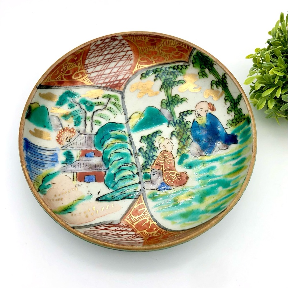 Antique Meiji Period Japanese Kutani Dish Hand Painted Scholars Landscape Signed